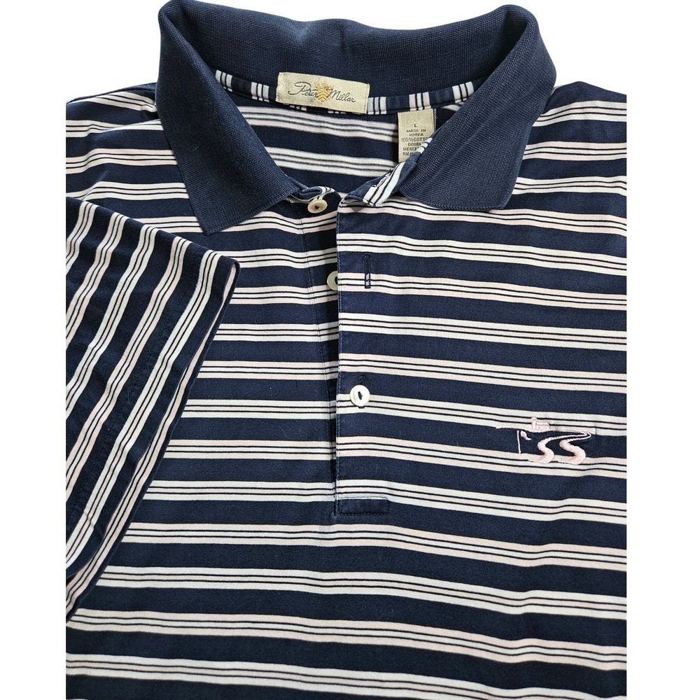 VTG 90s Peter Millar Golf Polo Sea Island Resort Logo Striped Men Large Blue